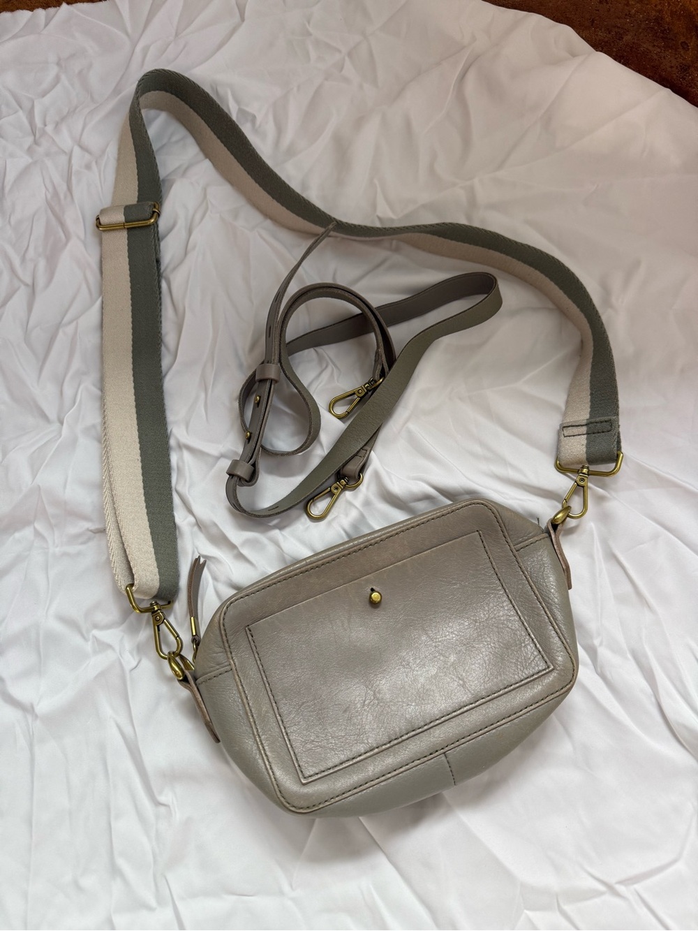Madewell Green Gray Leather Crossbody Bag with Striped Strap